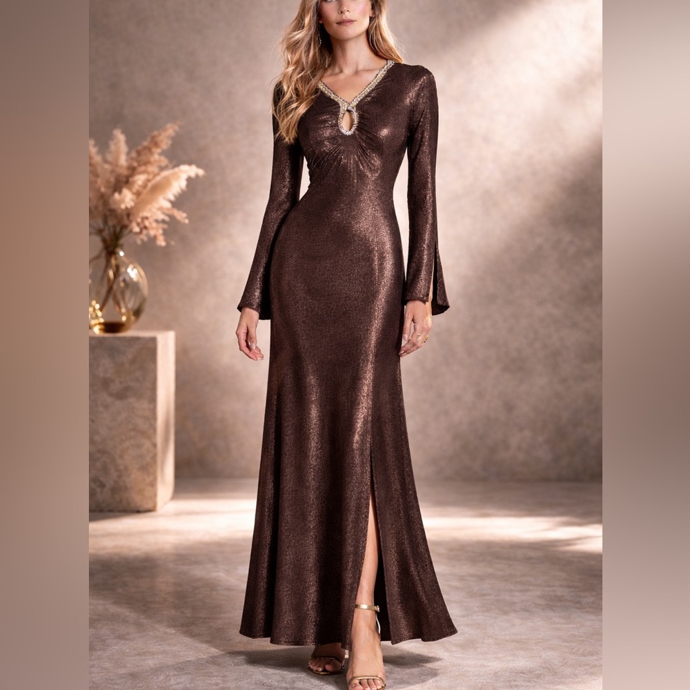 Nekane Alika Bronze Shimmer Maxi Dress Gold Lurex V-Neck Keyhole NWT Medium - Picture 12 of 12